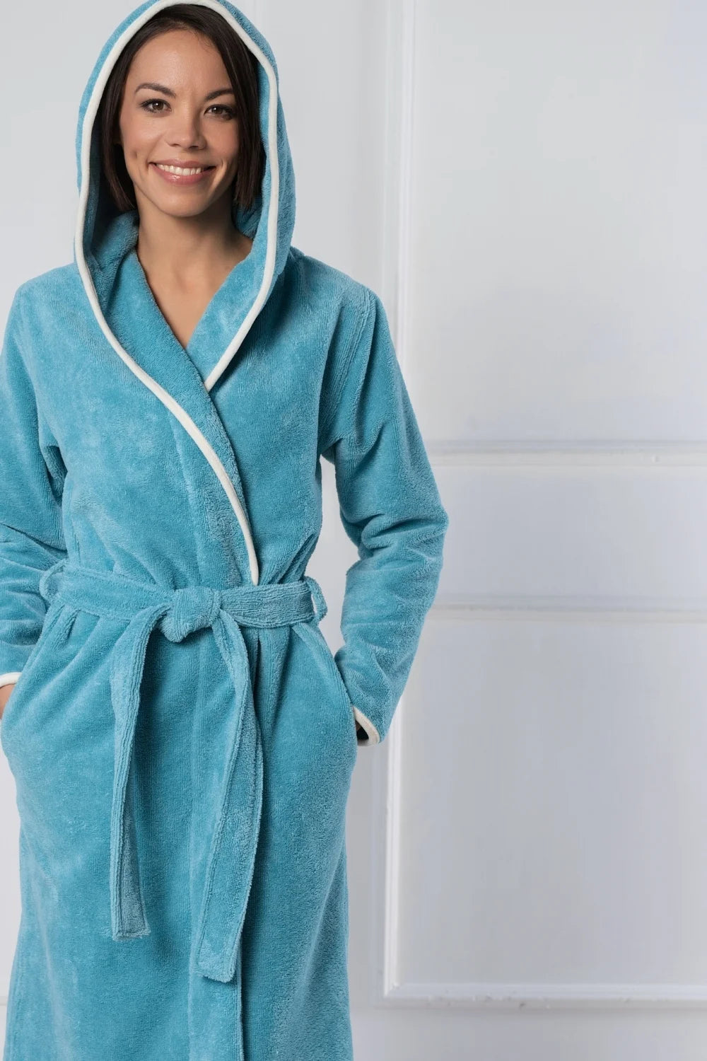 Long Hooded Bathrobe in Soft Cotton Terry–Fleece