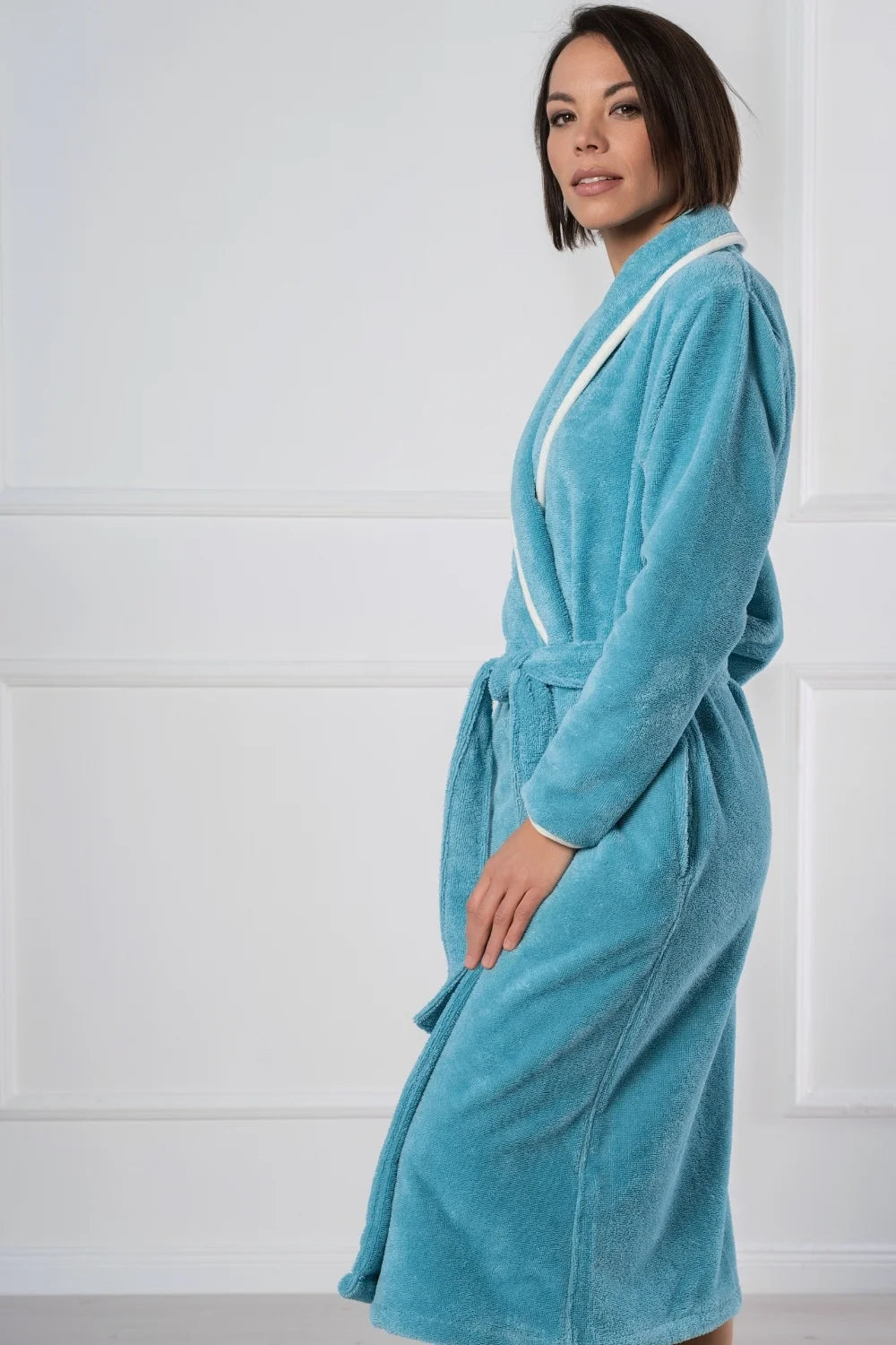 Shawl Collar Bathrobe in Soft Cotton Terry–Fleece
