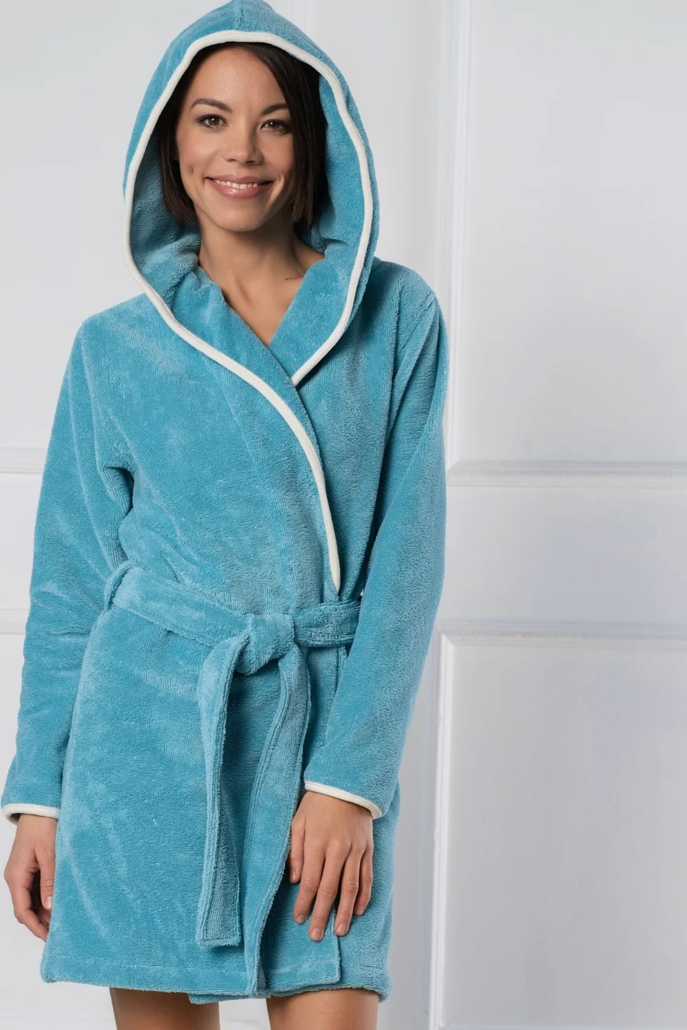 Short Hooded Bathrobe in Soft Cotton Terry–Fleece