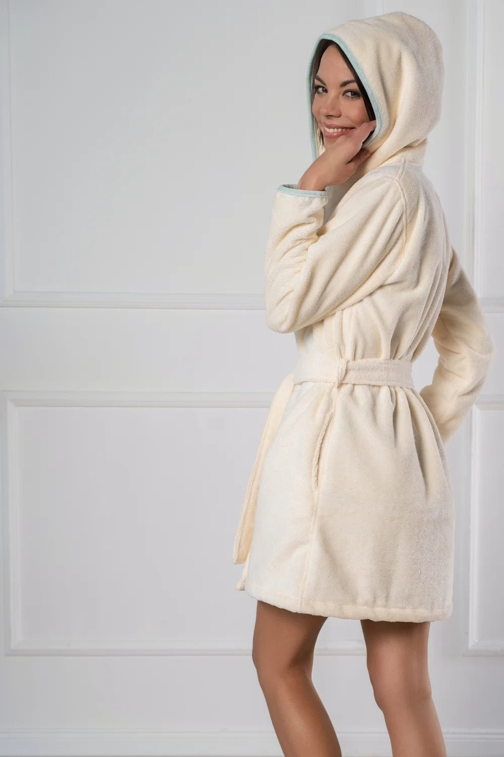 Short Hooded Bathrobe in Soft Cotton Terry–Fleece