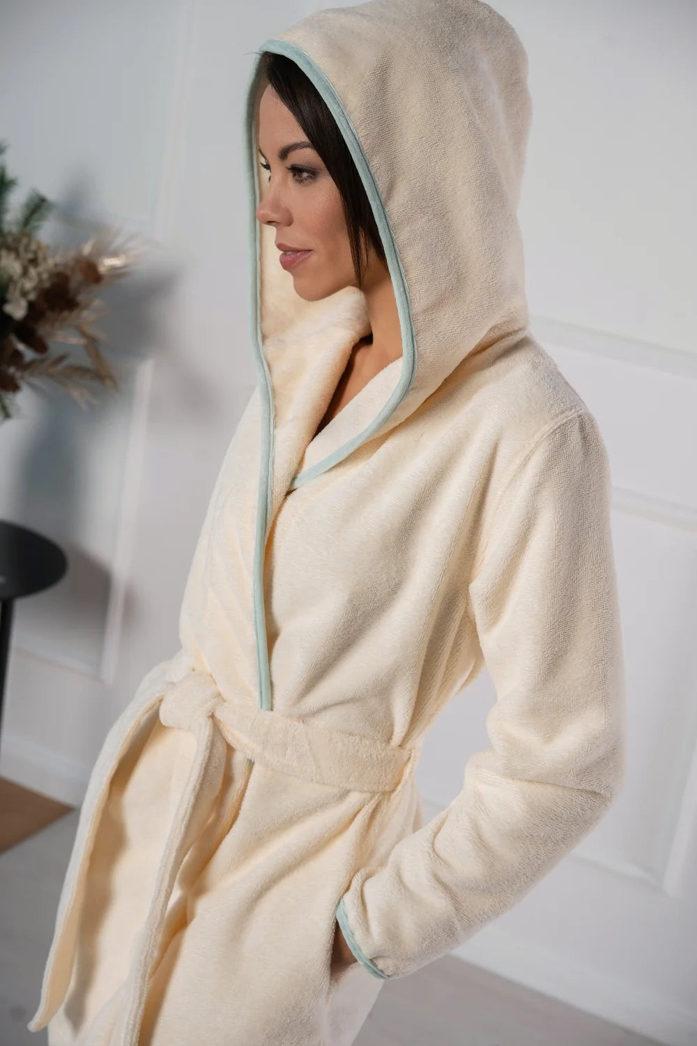 Short Hooded Bathrobe in Soft Cotton Terry–Fleece