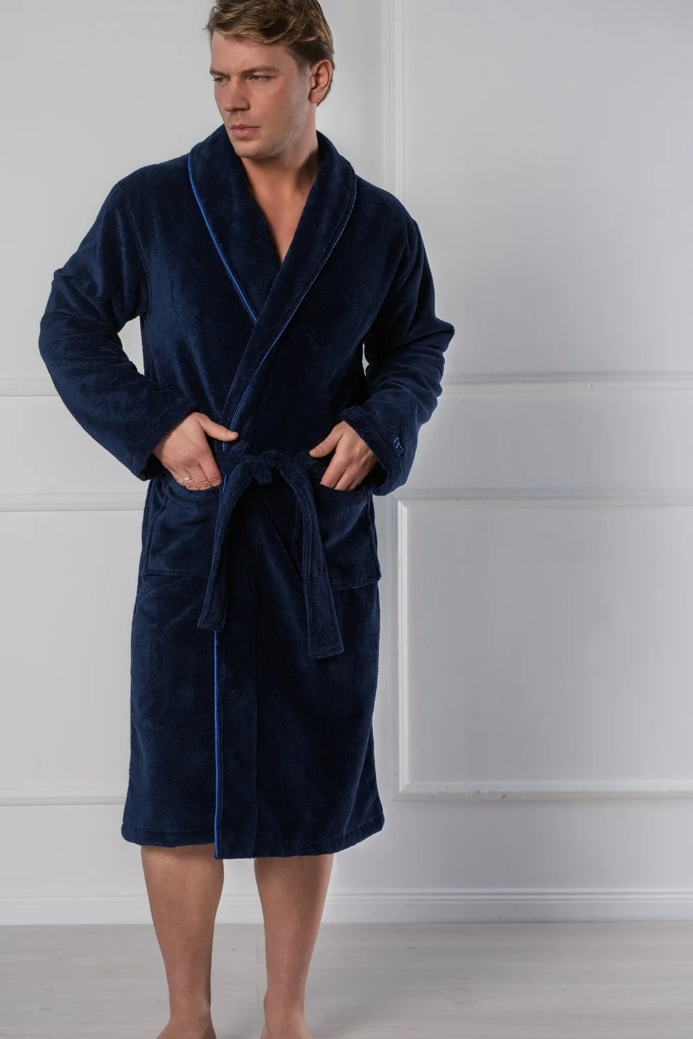 Shawl Collar Bathrobe in Soft Cotton Terry–Fleece – Men’s