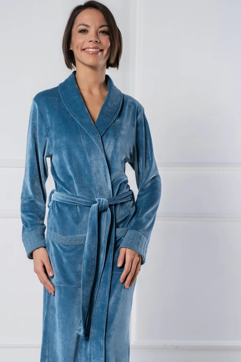 Women’s Bamboo Velour Shawl Collar Bathrobe with Braided Knit Trim