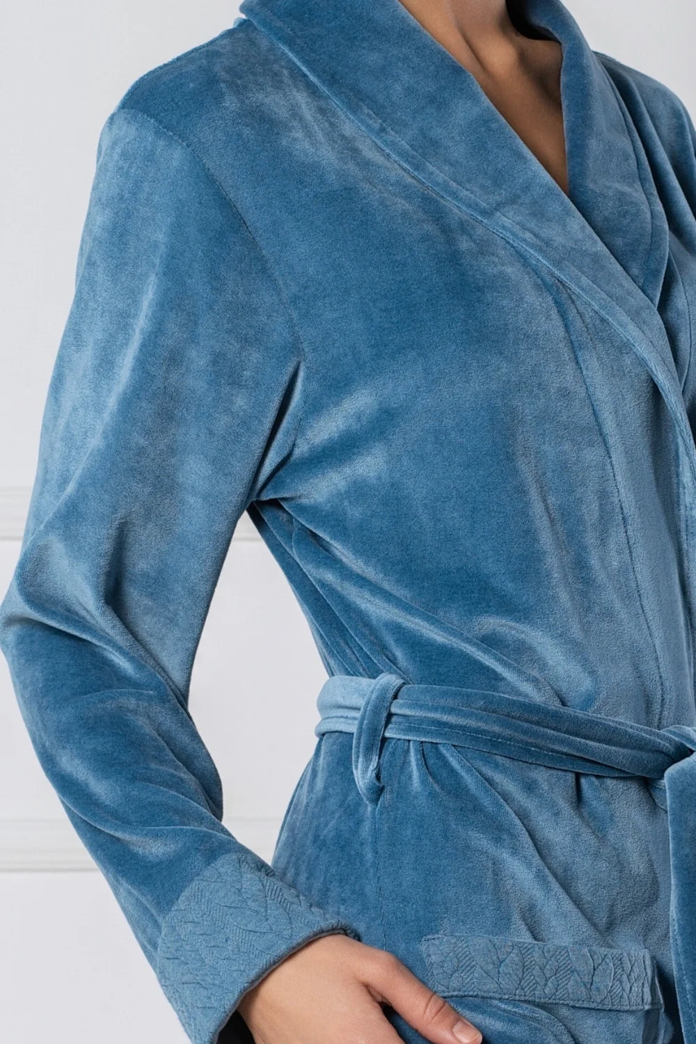 Women’s Bamboo Velour Shawl Collar Bathrobe with Braided Knit Trim