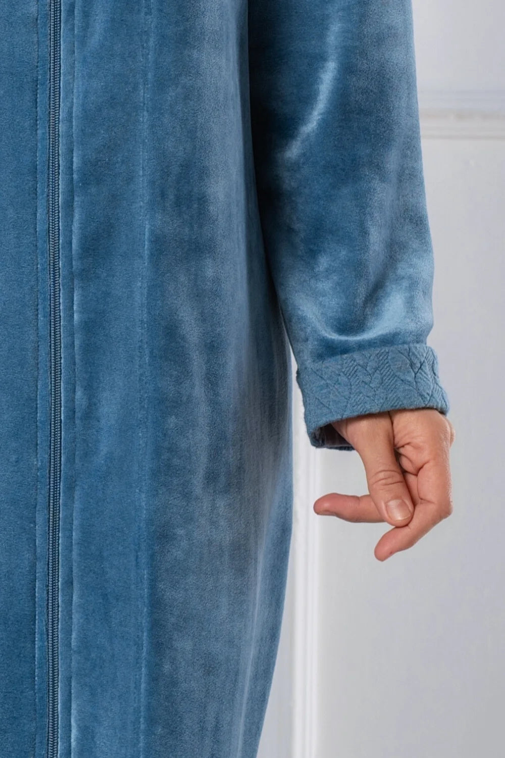 Women’s Zip Bathrobe in Soft Bamboo Velour with Braided Accents