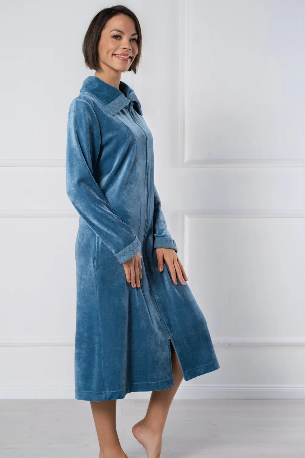 Women’s Zip Bathrobe in Soft Bamboo Velour with Braided Accents