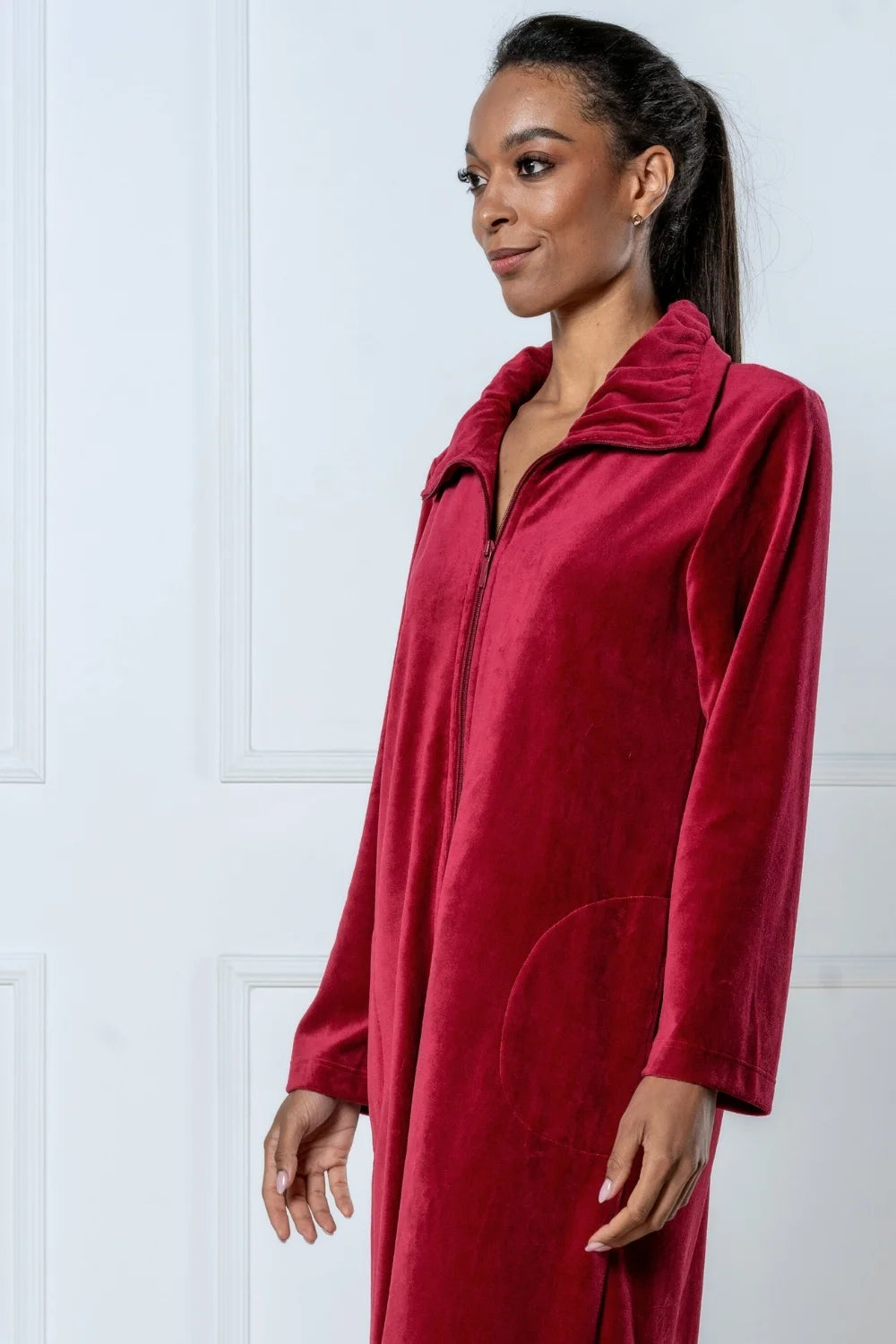 Belmanetti Classic Nicky Velour Women Zip Robe in Burgundy - Gift-ready packaging