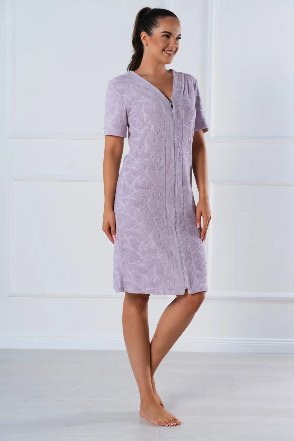 Belmanetti Floral Textured Zip Summer Dress Cotton in Pastel Violet - European craftsmanship