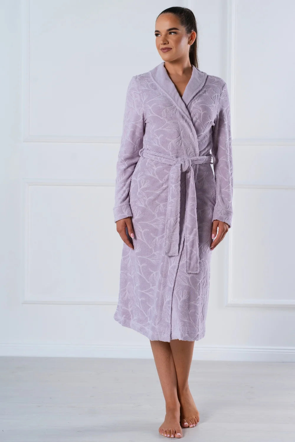 Belmanetti Long Floral Textured Shawl Collar Robe in 408 Violet - European craftsmanship