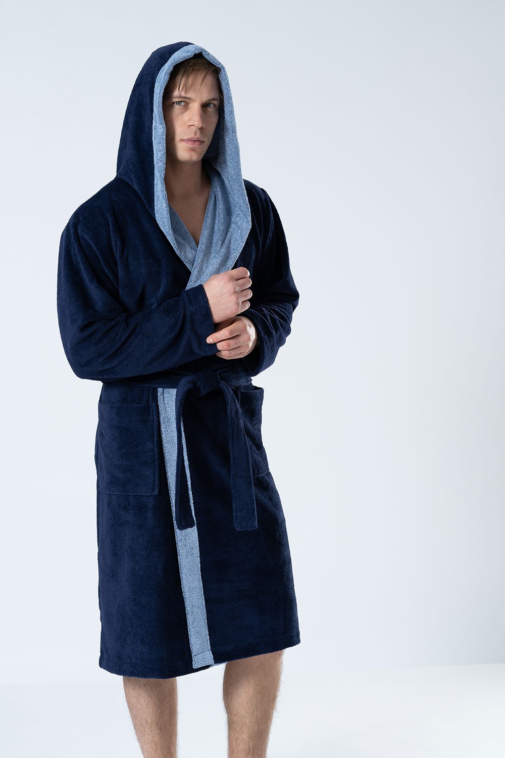 Belmanetti Hooded Men Bamboo Blend Robe in Dark Blue - European craftsmanship