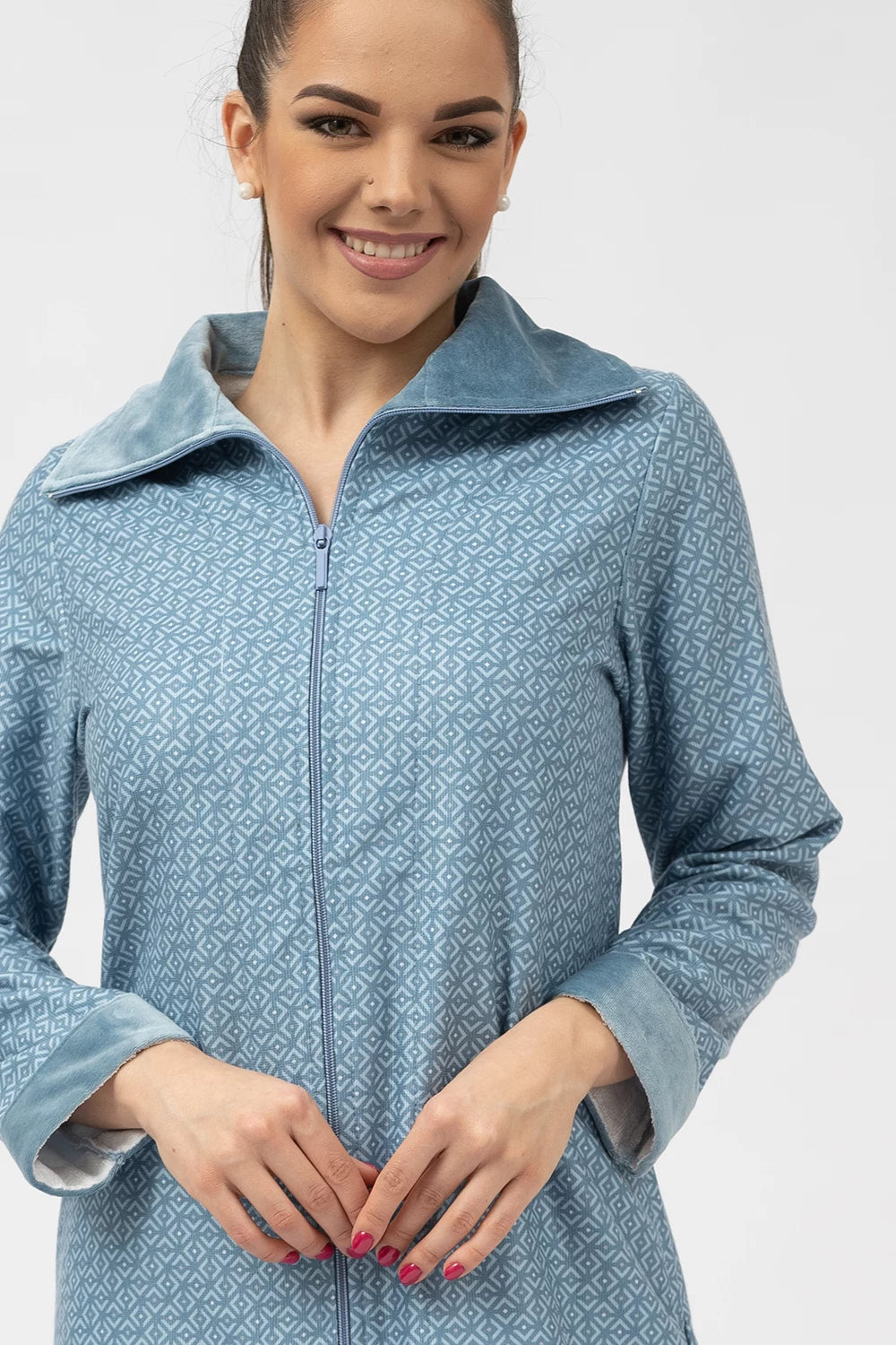 Belmanetti Printed Bamboo Blend Zip Up Robe in Blue - Free delivery available