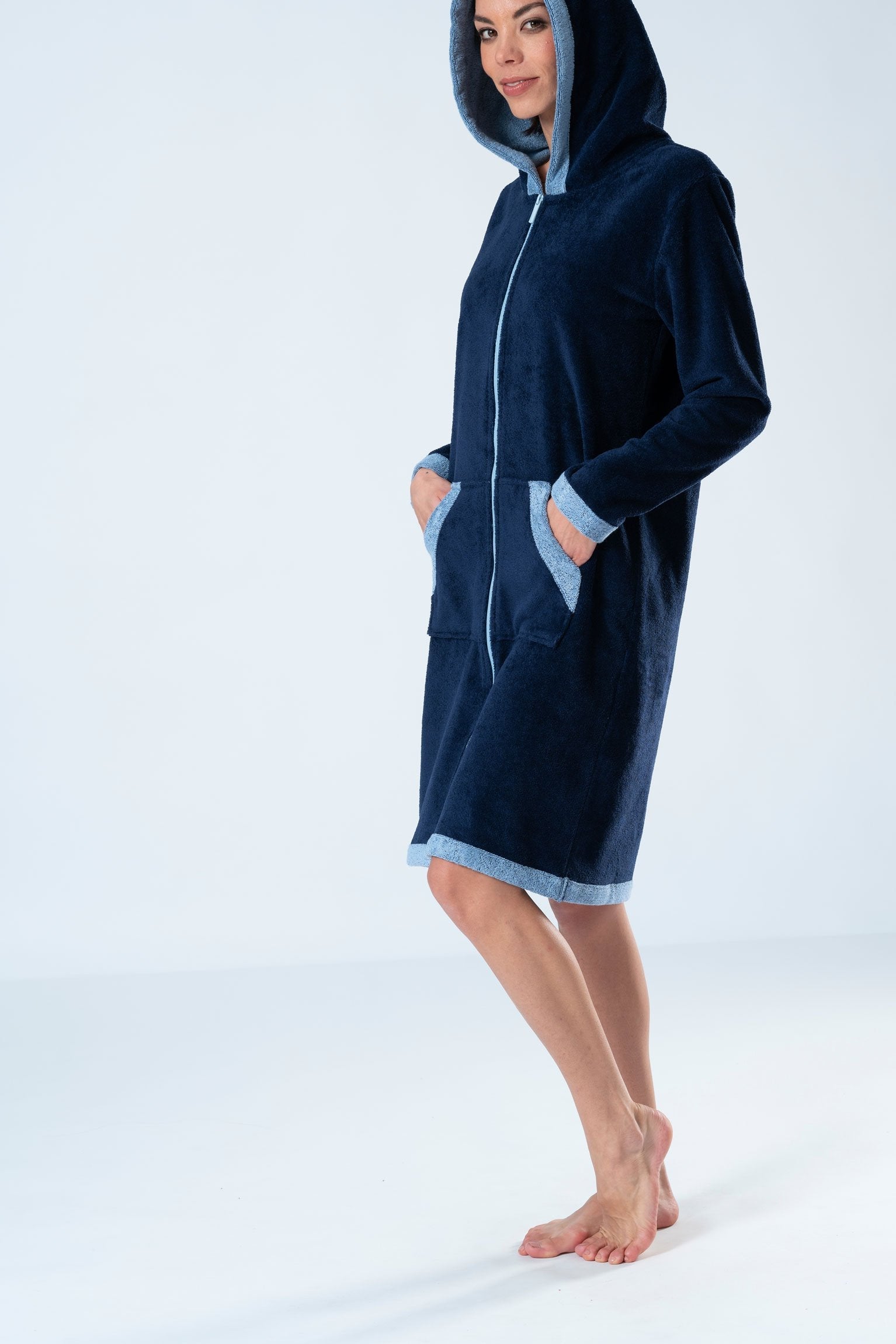 Belmanetti Bamboo Blend Hooded Zip Up Robe in Dark Blue - Lounge-ready comfort